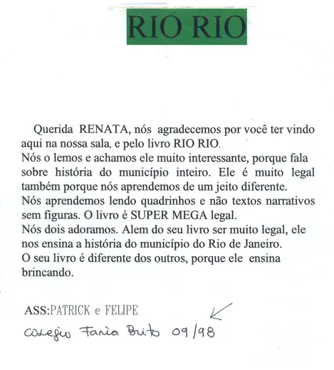 Carta de estudantes que adoraram o livro RioRio.