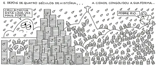 Quadrinho em preto e branco sobre a cidade ao longo dos séculos.