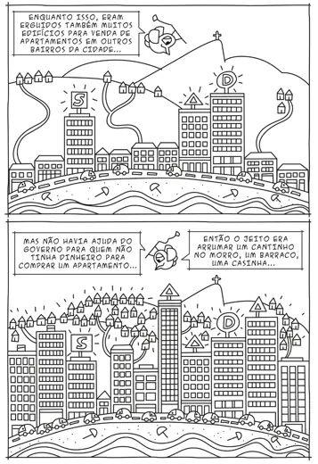 Página em quadrinhos do livro RioRio com os edifícios da cidade e as casas nos morros.