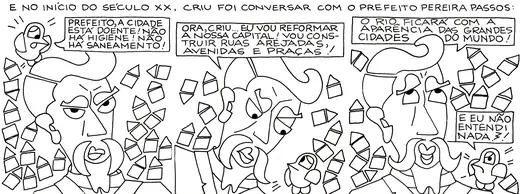 Quadrinho em preto e branco: o Criu conversa com o prefeito Pereira Passos.