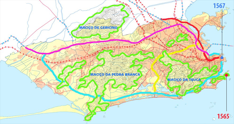 Mapa do município do Rio de Janeiro com a fundação, a expansão e as principais vias expressas em destaque.
