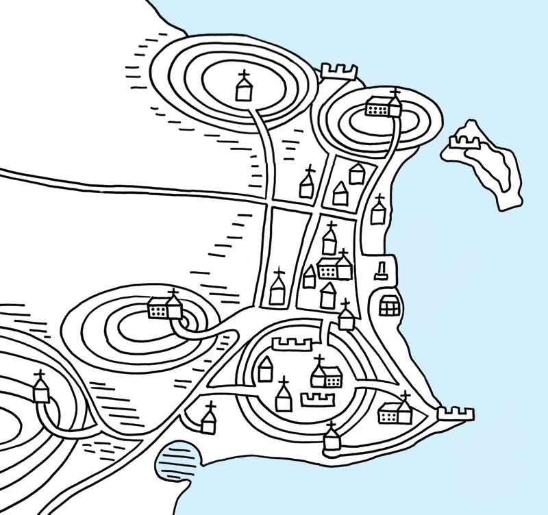 Mapa dos morros, igrejas e Largo do Carmo.
