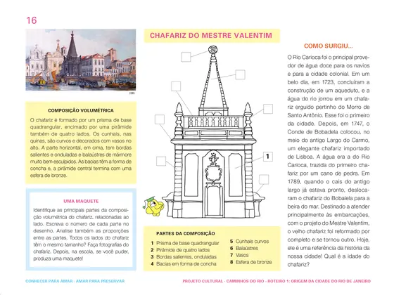 Página do caderno: Chafariz do Mestre Valentim, com composição volumétrica e partes do monumento.