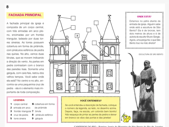 Página do caderno: fachada principal da Igreja do Mosteiro de São Bento.