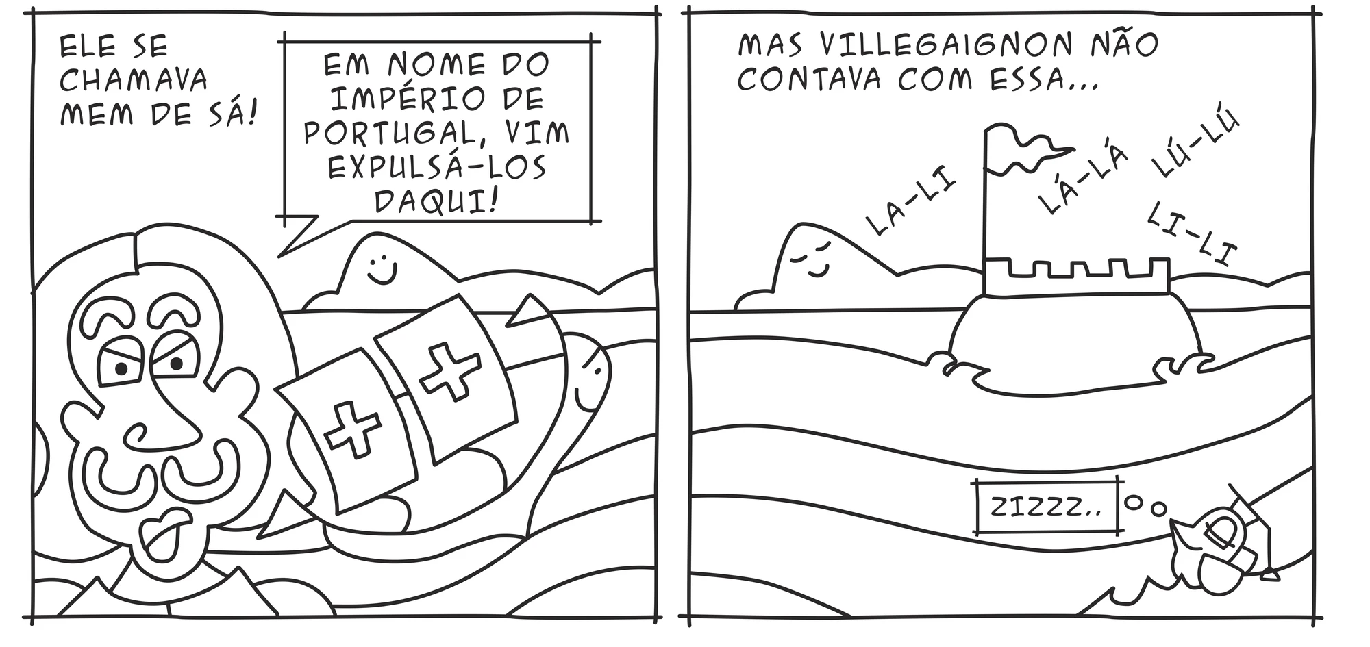 Página original do livro RioRio retratando o governador-geral Mem de Sá expulsando os franceses.