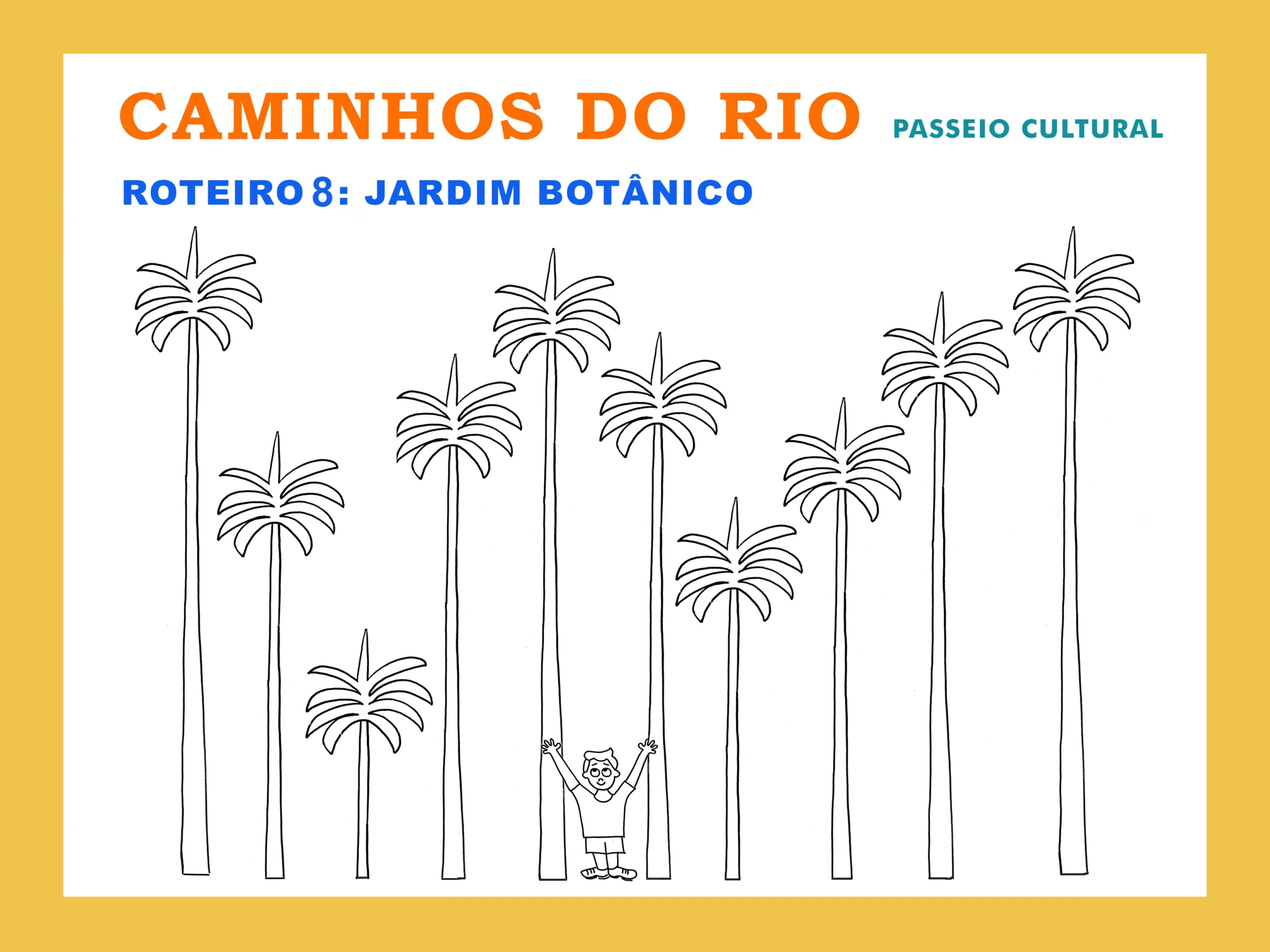 Estudante observando árvores gigantes no Jardim Botânico.